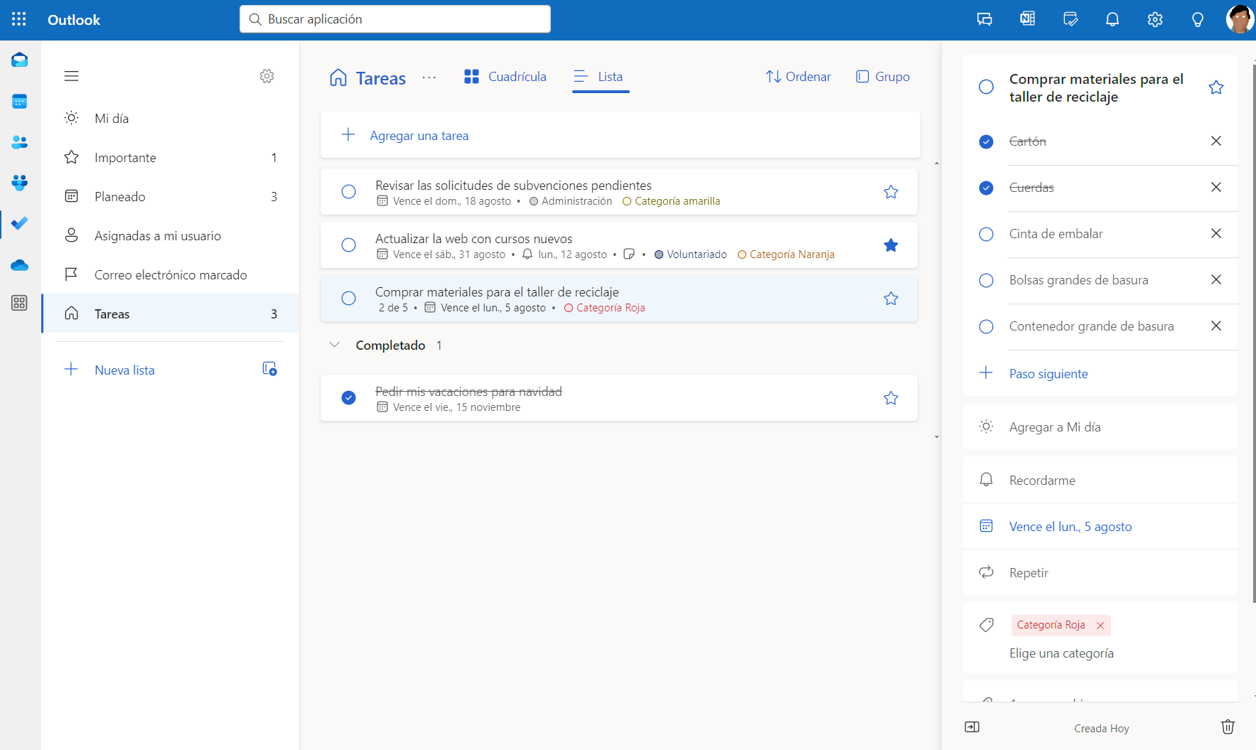 Pantalla de ejemplo con varias tareas creadas en Outlook